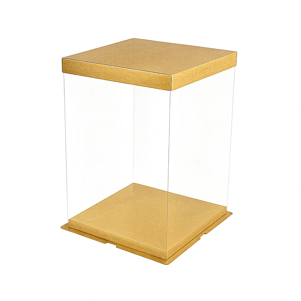 Caja transparente con base dorada 8 x 8 x 12"